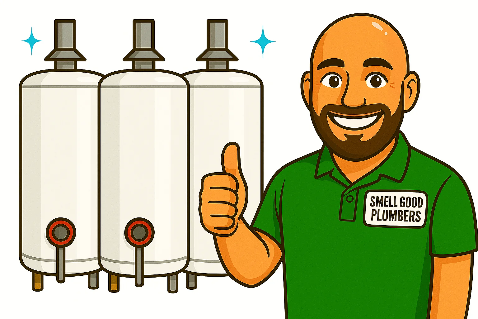 Hot Water Tank Installation in Victoria BC – Smell Good Plumbers Smiling plumber in green Clear Choice Plumbing uniform giving thumbs-up beside hot water tanks in Victoria, BC