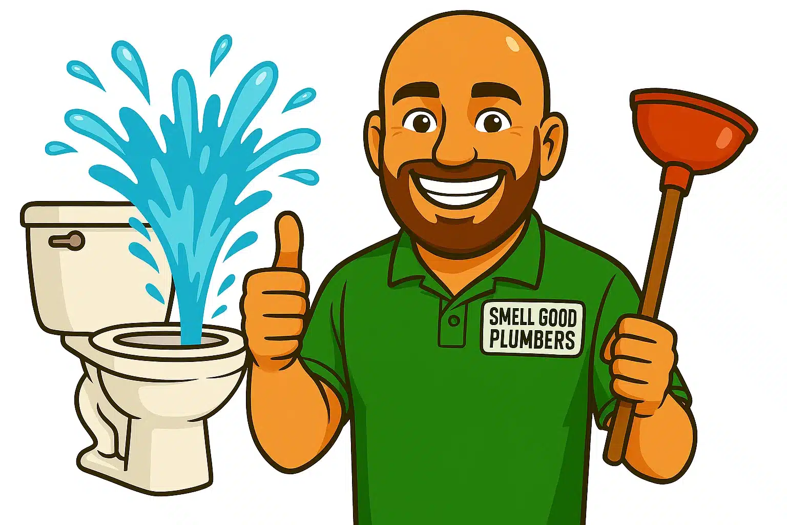 The Clear Choice Plumbing technician in Victoria BC holding a plunger beside an overflowing toilet, providing expert drain cleaning services with a smile